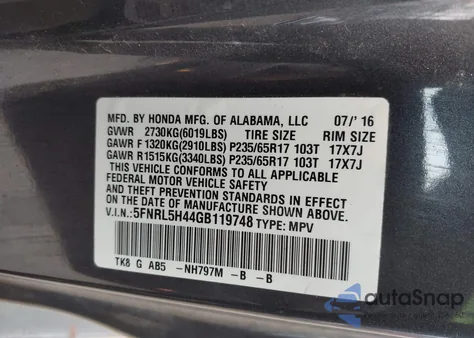 2016 Honda Odyssey Ex z USA, uszkodzony, nr VIN 5FNRL5H44GB119748